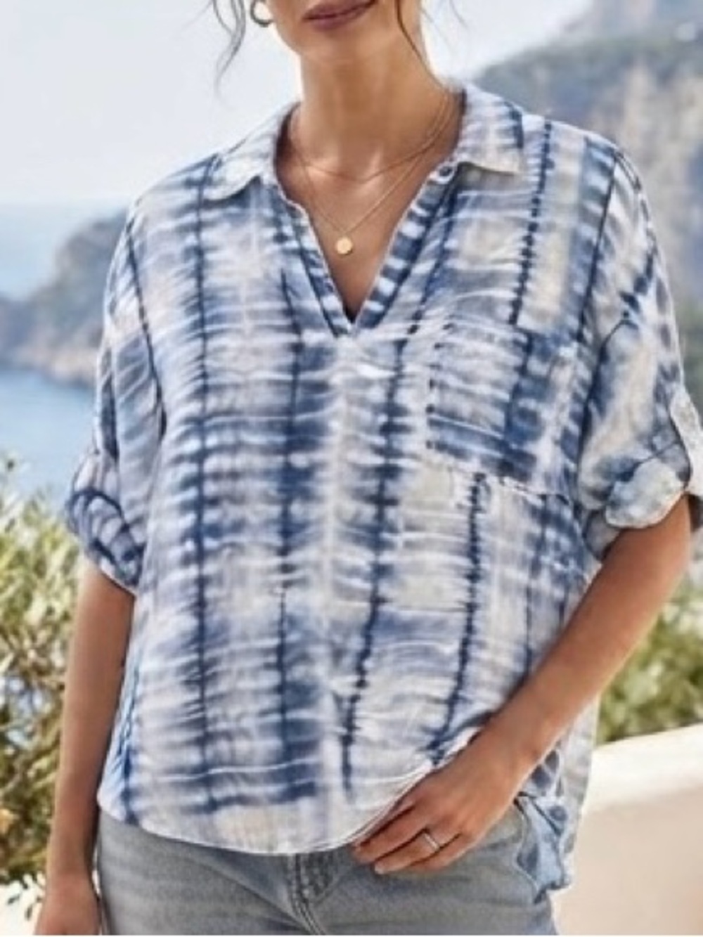 Chico's Blue Tie Dye Shibori Collared Blouse Split Neck Women's Size 3 (XL)